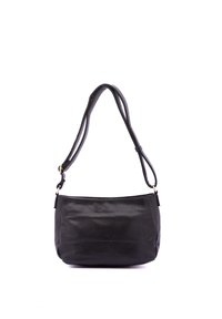 Borsa a tracolla sintetica nera con finitura testurizzata, una singola tracolla regolabile e un ampio scomparto principale.