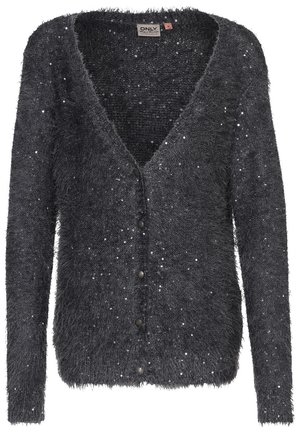 Grijze fuzzy cardigan met V-hals, lange mouwen en pailletten. Beschikt over knopen aan de voorkant en een zachte, gestructureerde stof.