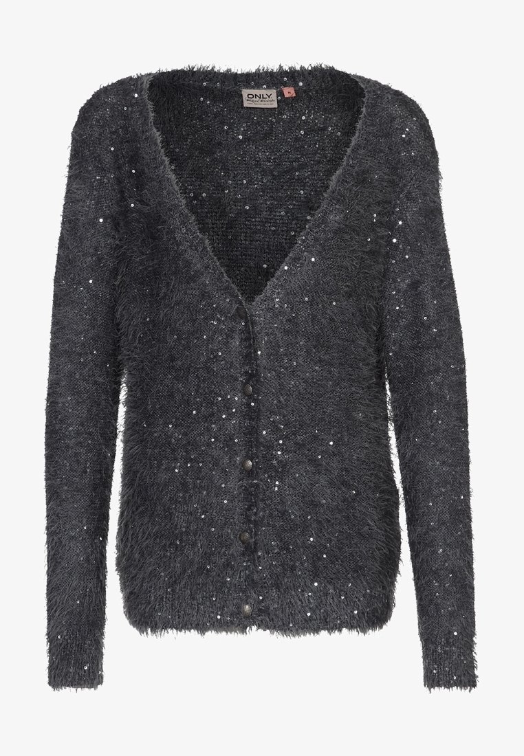 Cardigan gris pelucheux à col en V, orné de sequins, avec cinq boutons sur le devant et des manches longues. Texture douce pour la chaleur.