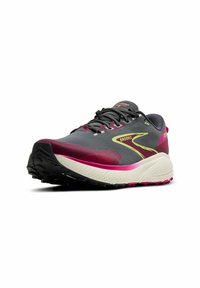 Running shoe in gray with maroon and yellow accents; textured mesh upper, cushioned white midsole, and black rubber outsole with traction.