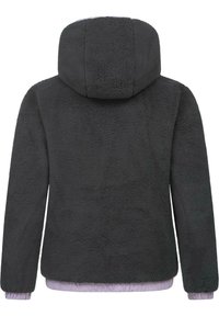 Fleece jaka tumši pelēkā krāsā, ar kapuci, strukturētu materiālu, elastīgām piedurknēm un gaismas varavīksnes nokrāsas apakšējo malu.