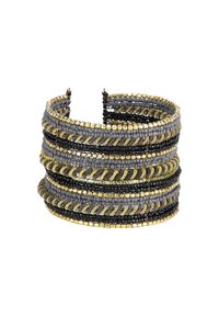 Brățară multilayerată în culorile negru, gri și auriu; prezintă modele împletite intricate și accente metalice; design flexibil și texturat.