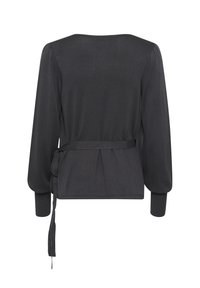 Black long-sleeve blouse made of soft material, featuring a tie belt at the waist, textured fabric, and gathered details at the back.