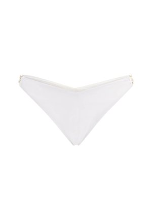 White bikini bottom with a low-rise v-shaped cut. Made of smooth fabric with subtle sheen. Features gold-toned side accents.