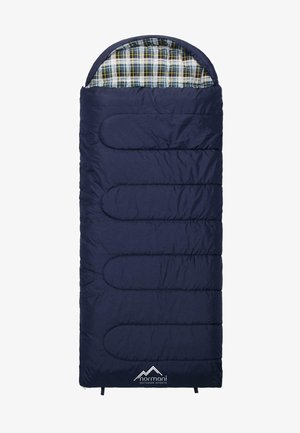 Marineblauer Schlafsack mit einer gesteppte Außenschicht, kariertem Innenfutter und einer Kapuze. Verfügt über verstärkte Nähte und Zuglaschen am Boden.
