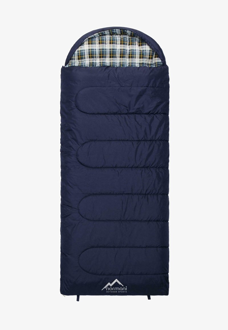 Marineblauer Schlafsack mit einer gesteppte Außenschicht, kariertem Innenfutter und einer Kapuze. Verfügt über verstärkte Nähte und Zuglaschen am Boden.
