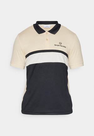 Men's polo shirt in beige, black, and white. Features a three-button placket, short sleeves, and a logo on the chest. Smooth fabric texture.