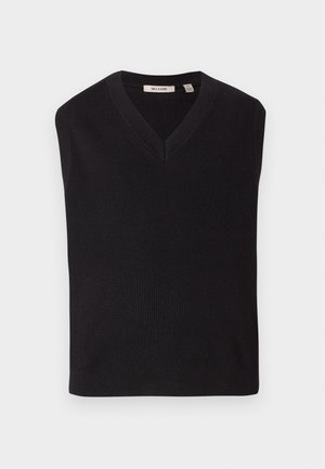 Schwarzer, gerippter, ärmelloser Strickpullover mit V-Ausschnitt, etikettiert "ONLY & SONS", flach auf weißem Hintergrund ausgelegt.