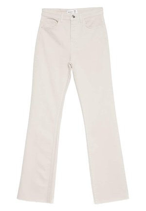 Off-white straight-leg jeans with front button and zipper closure, belt loops, and five-pocket design.