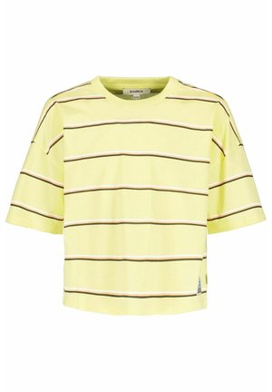 Kortærmet gul T-shirt med vandrette lysebrune og hvide striber samt rund halsudskæring.