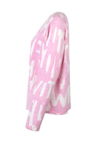 Rosa Sweatshirt mit weißem, abstraktem Muster, verkürzte Länge, lange Ärmel und weiche Textur. Gerundeter Halsausschnitt und lockere Passform.