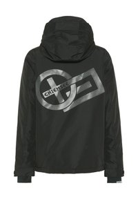Black outerwear jacket with a hood, featuring a large silver logo graphic on the back, smooth texture, and adjustable cuffs.