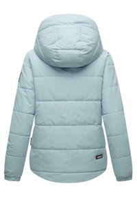 Light blue, puffy winter jacket featuring a hood, stitched sections, and an adjustable hem. Includes a small brand label on the side.
