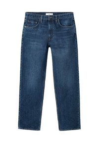 Vaqueros de mezclilla azul oscuro con diseño de pierna recta, cinco bolsillos y una pretina con trabilla para cinturón. Estilo clásico con detalles sutiles de costura.