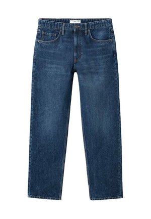 Ciemnoniebieskie dżinsy z prostymi nogawkami, pięcioma kieszeniami i paskiem z szlufkami. Klasyczny styl z delikatnymi detalami przeszyć.