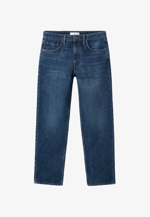 Tmavomodré džínsy z denimu so strihom rovného strihu, piatimi vreckami a pásom s očkom na opasok. Klasický štýl s jemnými detailmi šitia.