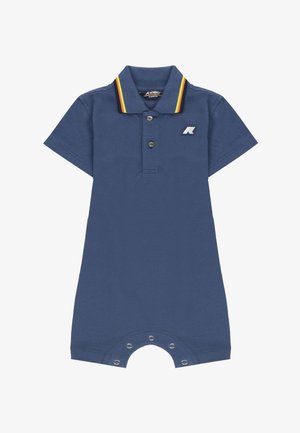 Tutina per neonato a maniche corte blu navy con colletto, due bottoni, dettaglio colletto a righe, chiusure a scatto sulle gambe e piccolo logo sul petto.