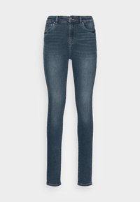 Vaqueros ajustados en denim azul oscuro. Presentan una cintura alta, bolsillos frontales y una textura suave. Diseño clásico de cinco bolsillos con un ligero desgastado.