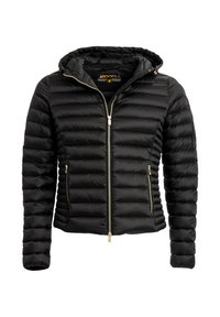 Giacca a puff nera con cappuccio, caratterizzata da un design trapuntato orizzontale, cerniere dorate e tasche laterali. Realizzata in materiale leggero e lucido.