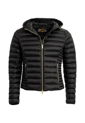 Giacca a puff nera con cappuccio, caratterizzata da un design trapuntato orizzontale, cerniere dorate e tasche laterali. Realizzata in materiale leggero e lucido.