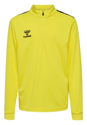 Langærmet sportsbluse med lynlås i strålende gul med en tekstureret finish; har sorte accenter og et logo på brystet.