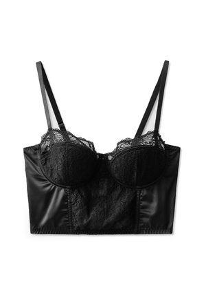 Corsé negro con copas de encaje y cuerpo de satén. Tirantes ajustables, con una textura suave y una silueta ajustada.