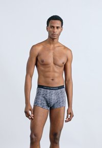 Ανδρικά εφαρμοστά μποξεράκια σε γκρι με μαύρη ελαστική μέση. Το ύφασμα διαθέτει ένα διακριτικό σχέδιο πουλιών. Λείο υφής, κοπή μέχρι το μέσο των μηρών.