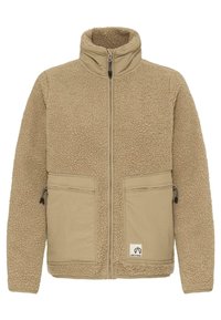 Beige fleece jakke med en tekstureret, blød overflade og glatte paneler. Har en høj krave, frontlynlås og to lynlåslommer.