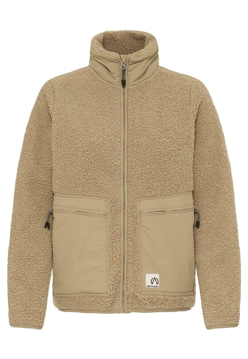 Beige fleece jakke med en tekstureret, blød overflade og glatte paneler. Har en høj krave, frontlynlås og to lynlåslommer.
