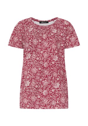 Rote Bluse mit kurzen Ärmeln, weißem, detailliertem Blumenmuster und rundem Ausschnitt, Größe UK 10, Marke LTS.