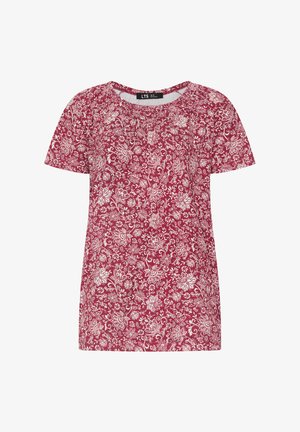 Czerwona bluzka z krótkim rękawem z drobnym białym kwiatowym wzorem, okrągłym dekoltem, rozmiar UK 10, marka LTS.