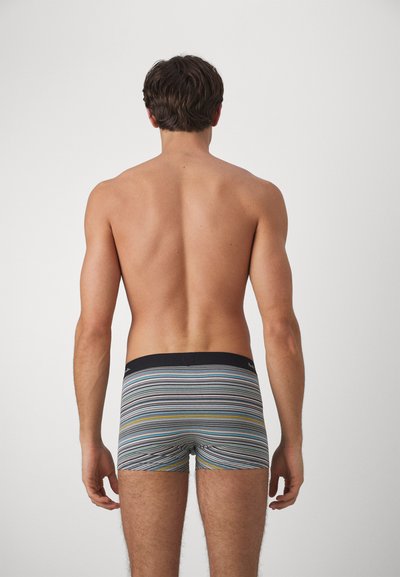 Stripete boxershorts i blått, grått, gult og svart. Myk tekstil, elastisk midjebånd, tettsittende fasong og minimalistisk design.