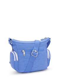 Borsa a spalla in nylon blu con finitura testurizzata, chiusura con zip, tracolla regolabile e tasche laterali con accenti bianchi a contrasto.