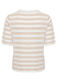 Camiseta de manga corta hecha de suave tejido de punto, con rayas horizontales beige y blancas, cuello redondo y corte relajado.
