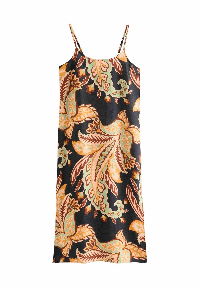 Floral-patterned sleeveless dress in dark fabric. Features orange, green, and beige leaf designs. Straight cut with thin shoulder straps.