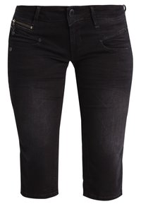 Svarta denim capribyxor med rak passform, med framfickor, en dragkedjeficka som detalj och knappstängning i midjan.