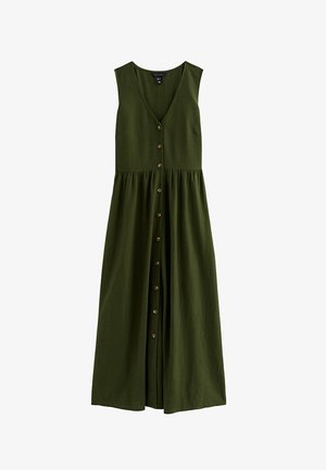 Vestido maxi sin mangas de color verde oliva con escote en V, cintura fruncida y una hilera frontal de botones marrones desde la parte superior hasta el dobladillo.
