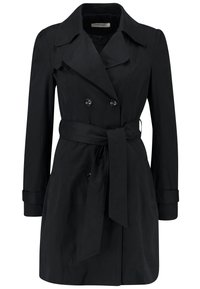 Czarny trencz wykonany z gładkiej, lekkiej tkaniny. Posiada dwurzędowy przód, szerokie klapy i pasek do wiązania w talii.