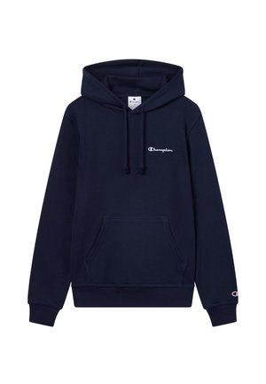 Sweat à capuche bleu marine en tissu doux avec poche avant, capuche à cordon de serrage et logo "Champion" blanc brodé sur la poitrine.