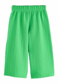 Pantalones cortos verdes de algodón con cintura elástica, que presentan un patrón de rayas verticales texturizadas y piernas anchas y holgadas.