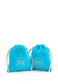Two turquoise fabric drawstring bags with a smooth texture, featuring white branding of "Elli" in a circular design on the front.