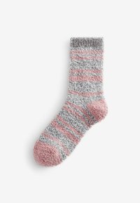 Calze pelose con strisce rosa e grigie, caratterizzate da una punta rosa chiaro e un bordo a coste. Texture morbida per calore e comfort.