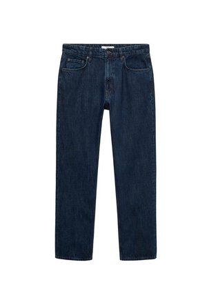 Dunkelblaue Denim-Jeans mit geradem Bein, fünf Taschen und Knopfverschluss. Verfügt über dezente Ausbleichungen und Nähdetails.