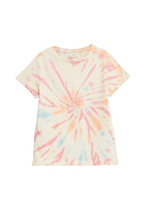 Kurzärmeliges cremefarbenes T-Shirt mit pastellrosa, orange und blauem Tie-Dye-Spiralmuster und rundem Ausschnitt.