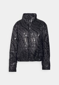 Black puffer jacket featuring a glossy finish and repeated logo pattern, high collar, zip closure, and elasticized hem and cuffs.