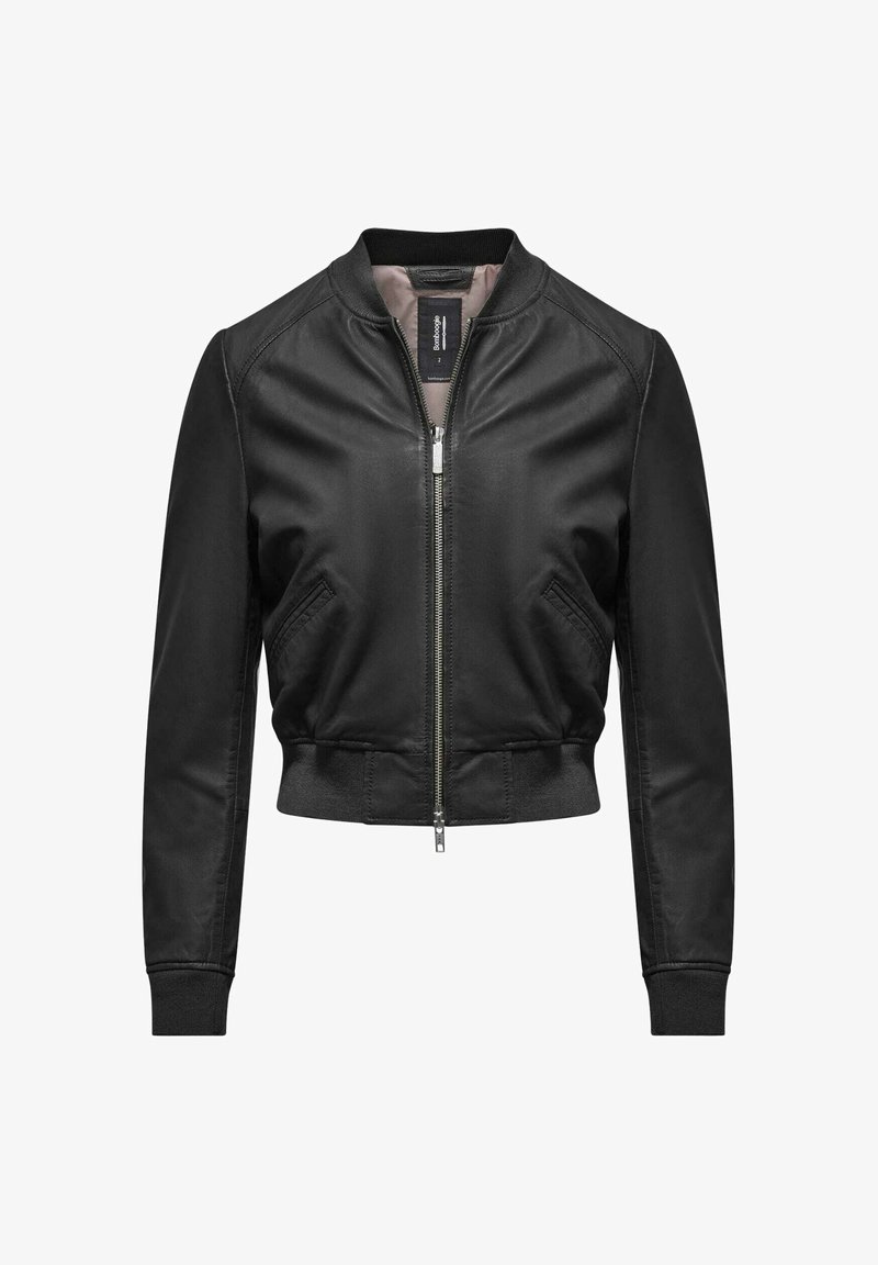 Sort læder bomberjakke med tætsiddende ribbede manchetter og kant, lynlåslukning foran og to sidelommer. Glat struktur og minimalistisk design.