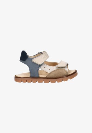 Open-toe kindersandaal met beige, blauwe en bruine leren bandjes, klittenbandsluitingen en een robuuste bruine rubberen zool.