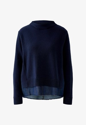 Navy knit sweater with a mock neck, ribbed hem, and layered denim bottom. Features a relaxed fit and a soft, textured fabric.