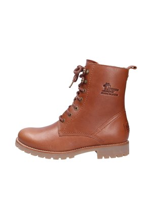 Brown leather ankle boots with a round toe, lace-up front, and rubber sole. Features a logo on the side and stitching accents.