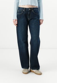 Dark blue wide-leg jeans with a classic five-pocket design, button closure, and subtle stitching. Fabric is denim with a smooth texture.